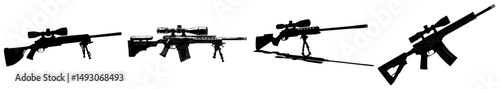 Illustration of a modern military sniper rifle in silhouette form, set against a white background, symbolizing army and police weaponry