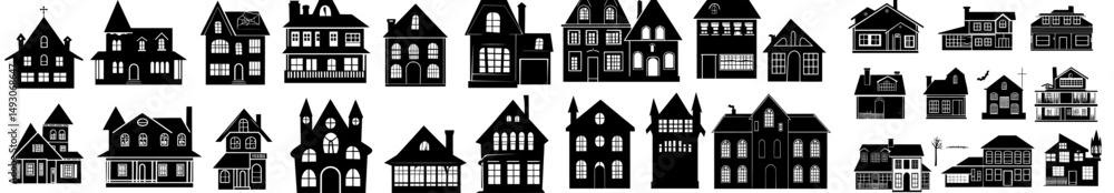 Fototapeta premium Modern flat illustration featuring collection silhouettes of haunted houses, set for Halloween