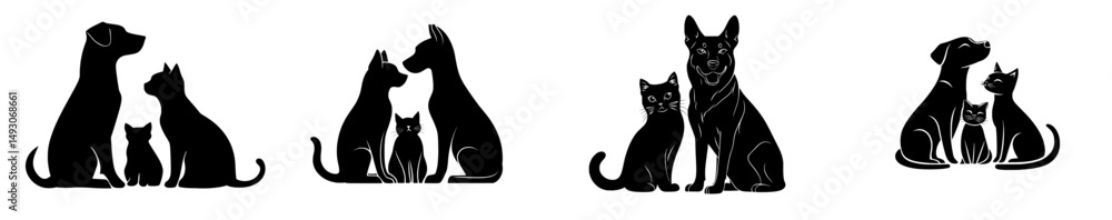 A black dog and white cat are isolated on a white background in silhouette form A black dog and white cat are isolated on a white background in silhouette form