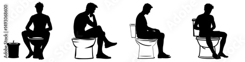 A young male is silhouetted while seated inside a toilet bowl set against a white backdrop