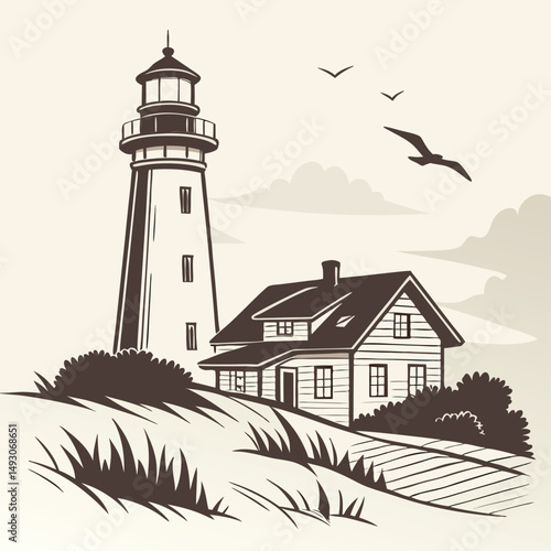 Lighthouse, a white tower beacon on the coast, stands as a navigation landmark where the sea meets the shore