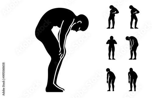 People resting are shown with a tired man posing, represented by a stick figure human silhouette, isolated on white