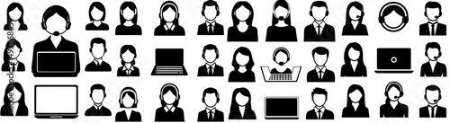 Modern icons for customer service, featuring a user wearing headphones while working on a computer