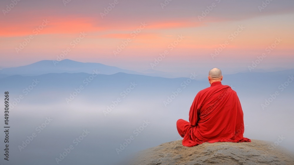 Fototapeta premium A serene monk meditating in a tranquil landscape during sunset