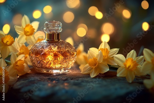 Golden perfume bottle surrounded by spring flowers.