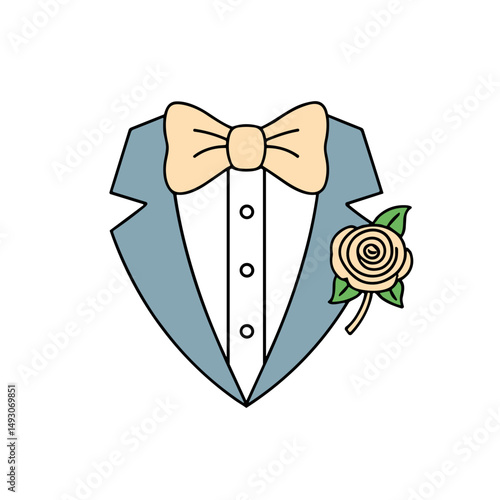 Groom's suit with light bow tie and beige boutonniere design  