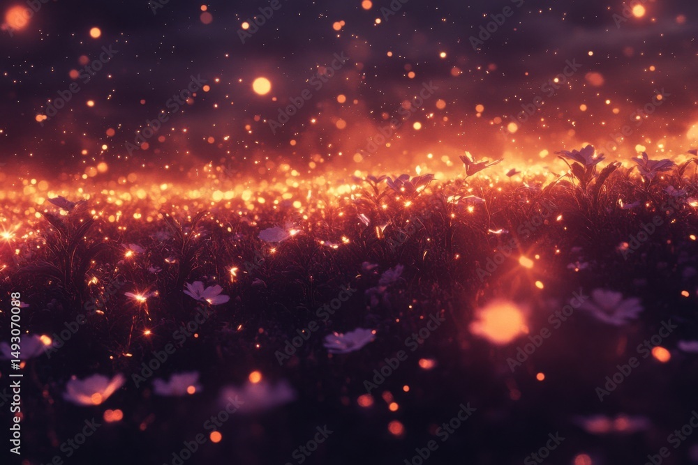 Obraz premium Dreamy Field of Flowers with Fireflies at Night Low Angle View Sparkling Magical Nature Scene