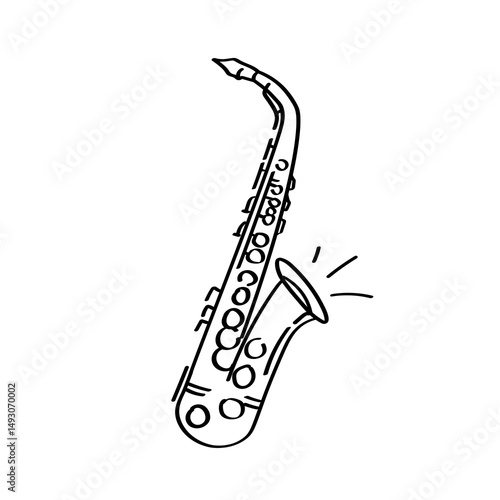 Hand drawn saxophone doodle illustration – jazz instrument icon for music day designs. Minimalistic saxophone sketch in black on white, perfect for jazz day, music events, and education.