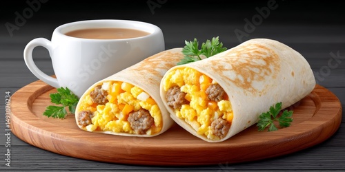 a realistic photo of a breakfast burrito cut in half showing egg sausage and cheese
