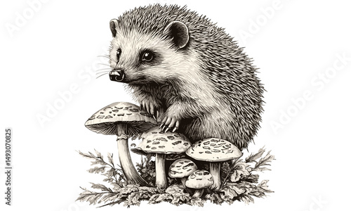 Vintage wildlife etching, retro engraving of hedgehog among mushrooms, monochrome mammal line art, detailed nature illustration, rustic fauna drawing, antique animal print, old engraving style