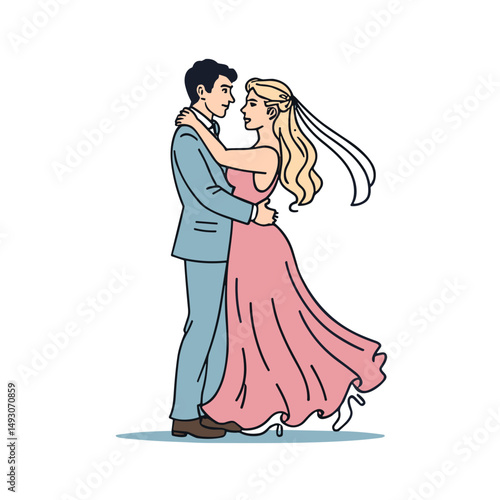 Bride and groom dancing together in elegant wedding attire  