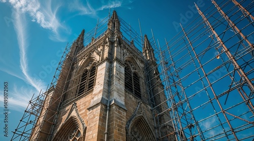 Construction work on historical church tower under a bright blue sky