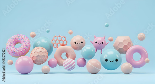 Cute pastel 3D render of floating donuts spheres and kawaii characters pastel background playful fun design for kids