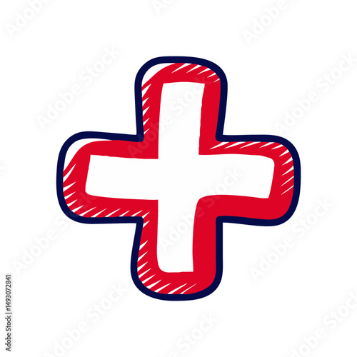 Hand-drawn red and white medical cross symbol with outline  