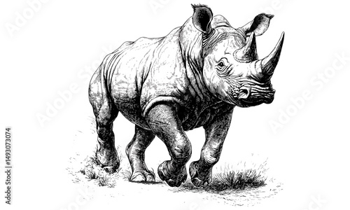 Retro engraving of rhino charging, monochrome wildlife line art, vintage nature illustration, hand-drawn fauna sketch, rustic safari print, detailed animal etching, old engraving style