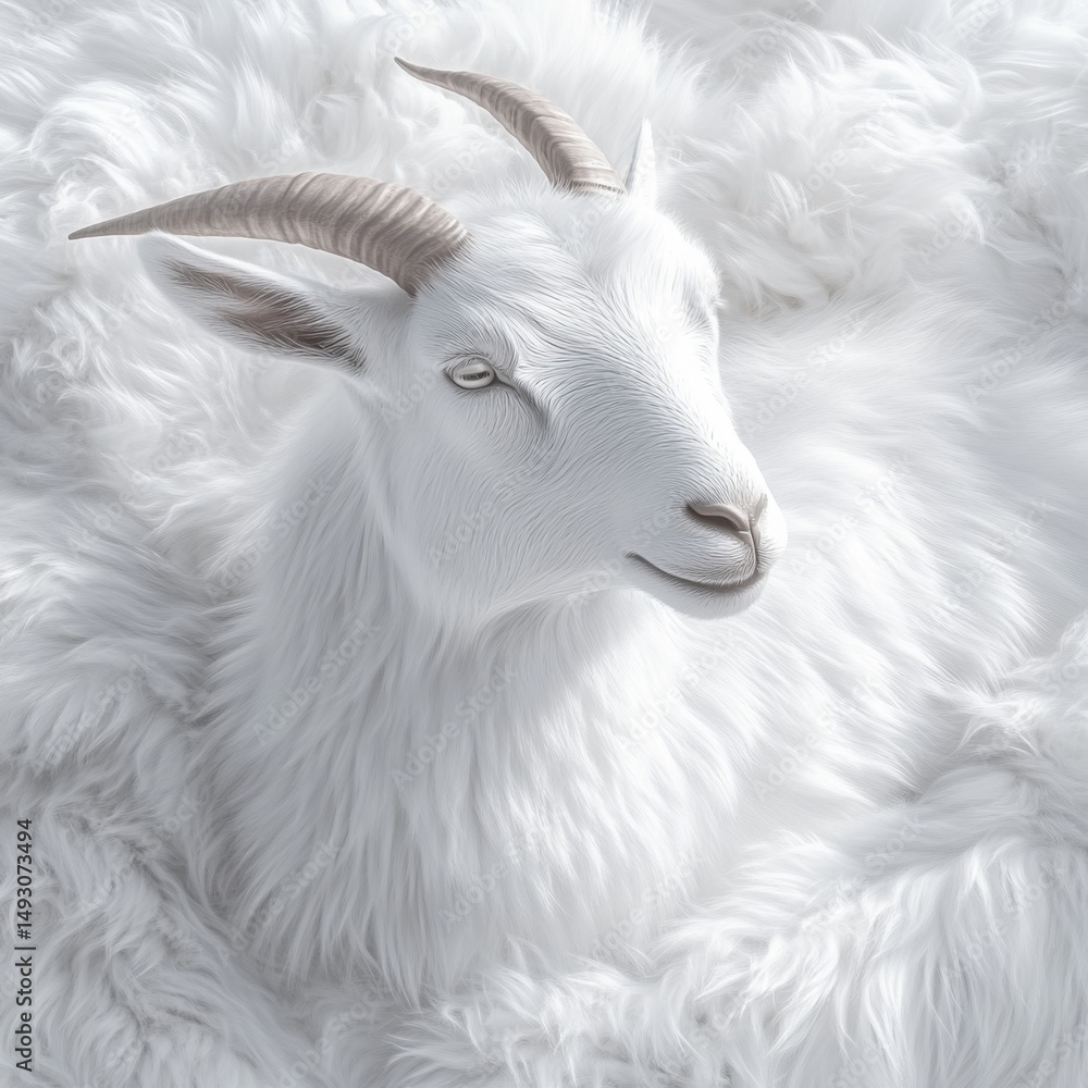 Obraz premium Majestic Mountain Goat Portrait in White Fur Serene Animal Close Up Wildlife Art Illustration