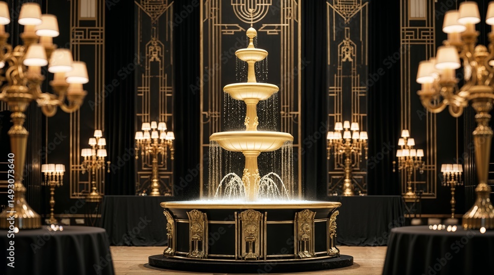 Elegant golden fountain as a centerpiece in a grand event hall decorated in a luxurious style Elegant golden fountain as a centerpiece in a grand event hall decorated in a luxurious style