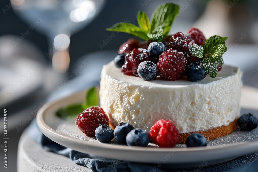 An inviting cheesecake adorned with fresh raspberries and blueberries, embodying a delightful dessert that promises indulgence and sweetness in every bite. An inviting cheesecake adorned with fresh raspberries and blueberries, embodying a delightful dessert that promises indulgence and sweetness in every bite.