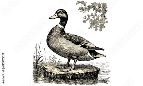 Vintage Wild Duck Etching, Monochrome Line Art, Rustic Pond Bird Sketch, Antique Nature Illustration, Retro Ornithology Engraving, Classic Wildlife Drawing, black and white print,