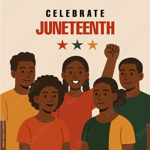 African American people celebrating Juneteenth with fists raised, unity, pride, and cultural heritage