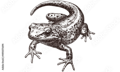Hand-etched vintage amphibian art, salamander crawling sketch, monochrome nature illustration, detailed wildlife print, rustic animal wall decor, classic engraving style, trendy fauna design