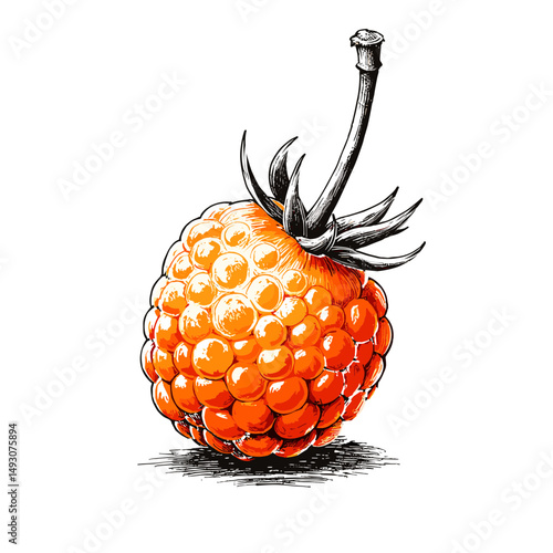 Orange cloudberry illustrated in black ink sketch style  