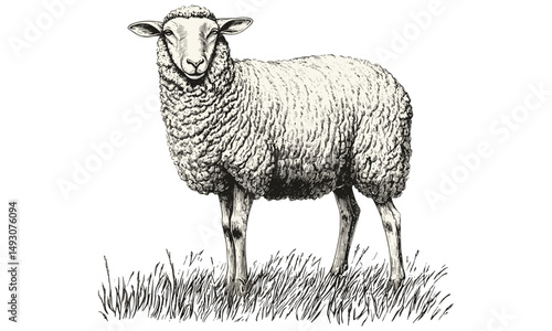 Rustic Farm Animal Wall Print, Sheep Grazing in Pasture, Vintage Engraving Style, Monochrome Pastoral Drawing, Hand-drawn Domestic Animal Art, Traditional Livestock Sketch
