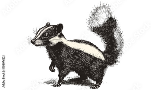 Vintage Skunk Side Profile, Old Engraving Style Hand-drawn Illustration, Rustic Wildlife Drawing, Black Sketch Effect, Forest Animal Art, Antique Wall Art, trendy rustic decor