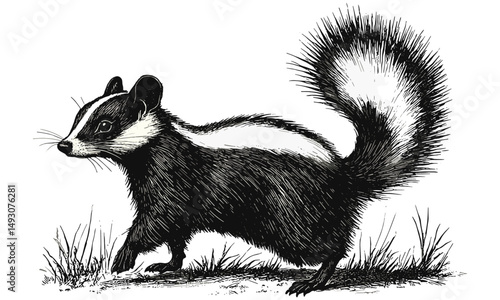Skunk Walking Side Profile, Hand-drawn Illustration, Vintage Forest Animal Art, Old Engraving Style, Rustic Wildlife Drawing, Antique Wall Print, Black Sketch Effect, trendy nature art print