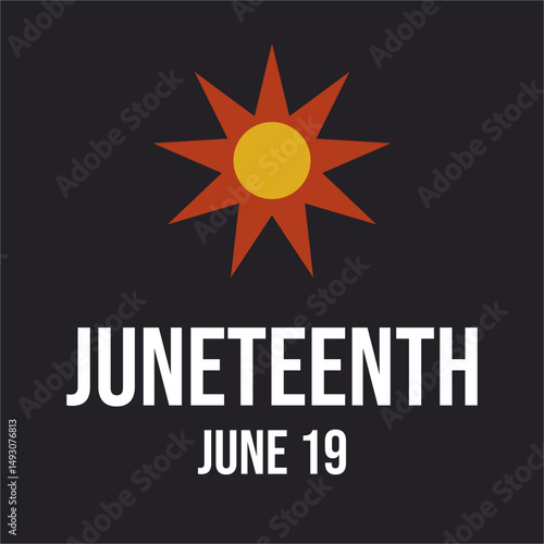 Emblem-style design for Juneteenth featuring sunburst flower and strong date marker in black-red