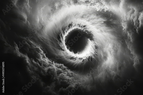 A swirling vortex of dark clouds creates a mesmerizing eye-like formation in the sky.