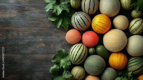 Japanese melons and cantaloupes presented on a wooden surface--favorite fruits for warm days