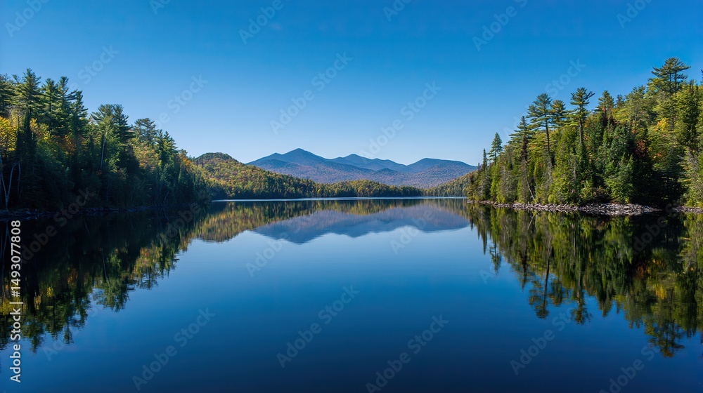 Obraz premium Panoramic view of a lake with a beautiful blue sky and forest in the background, where the water perfectly reflects the scenic landscape.