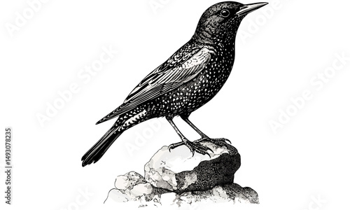 Hand-etched Ornithological Illustration, Vintage Bird Line Drawing, Starling Perched, Monochrome Wildlife Art, Rustic Scientific Drawing, black sketch, old engraving style, nature wall art
