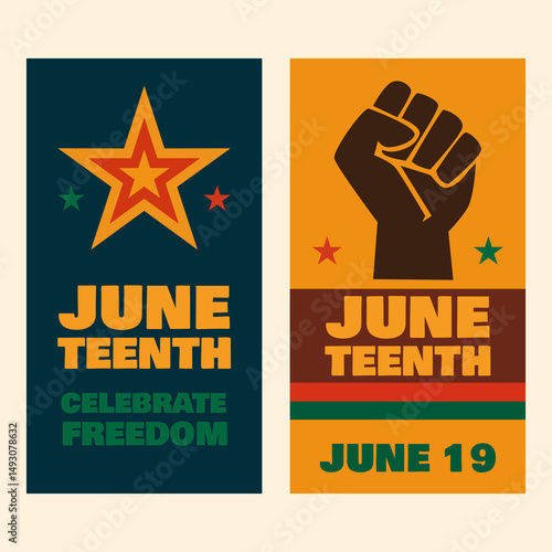 Juneteenth day twin poster vector featuring Pan-African colors and activism symbols in vertical layout