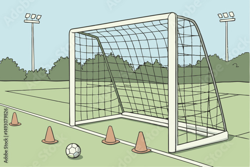 77 soccer goal,empty soccer goal,soccer net,soccer equipment,sports equipment,sports goal,outdoor sports,sports field,athletics,fitness,recreation