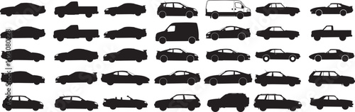Car silhouettes vector set, various car body types, sedan, suv, truck, van, coupe, hatchback, wagon