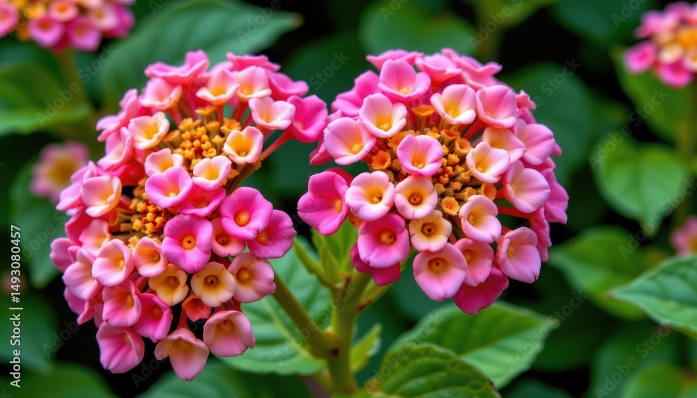 Obraz premium a close up view of pink flowers with yellow centers, situated in a garden bed covered with green foliage