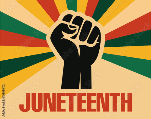 Powerful raised fist vector in red, yellow, green sunburst rays representing Juneteenth and Black freedom movement
