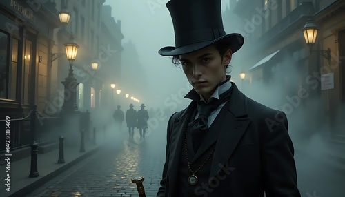 Mysterious Gentleman in Foggy Victorian Street
