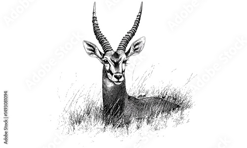 Hand-drawn antelope in grassland, vintage monochrome wildlife sketch, old engraving style, safari animal art, trendy mammal illustration, wilderness decor, natural habitat print