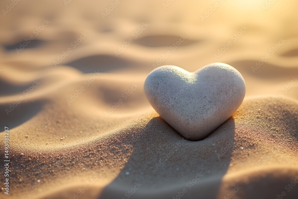 Fototapeta premium Heart-shaped stone resting on sandy surface at sunset 