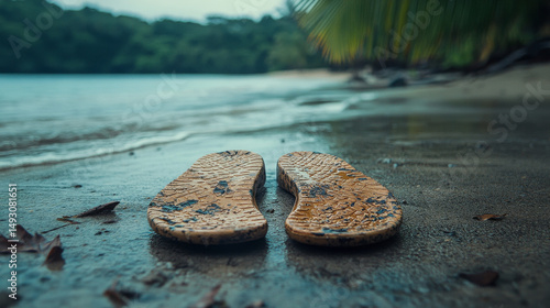Pair of flip flops left alone on a secluded tropical beach, symbolizing tranquility and escape photo