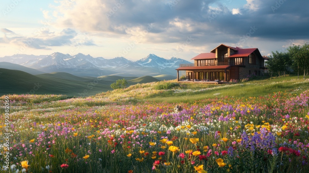 Fototapeta premium Scenic mountain home nestled in a vibrant flower field