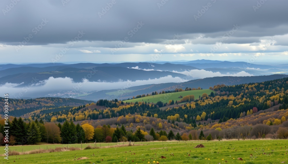 Fototapeta premium a serene landscape dominated by rolling hills blanketed with lush green grass and interspersed with trees showing signs of autumn