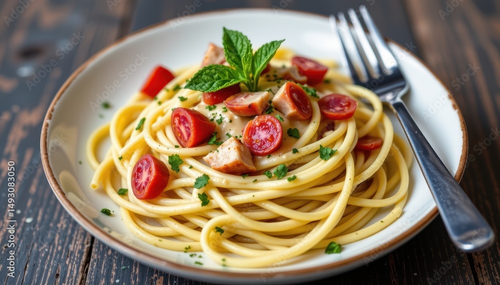 a close up of a plate of spaghetti bolognese, which is garnished with red peppers and topped with a sprig of basil a close up of a plate of spaghetti bolognese, which is garnished with red peppers and topped with a sprig of basil