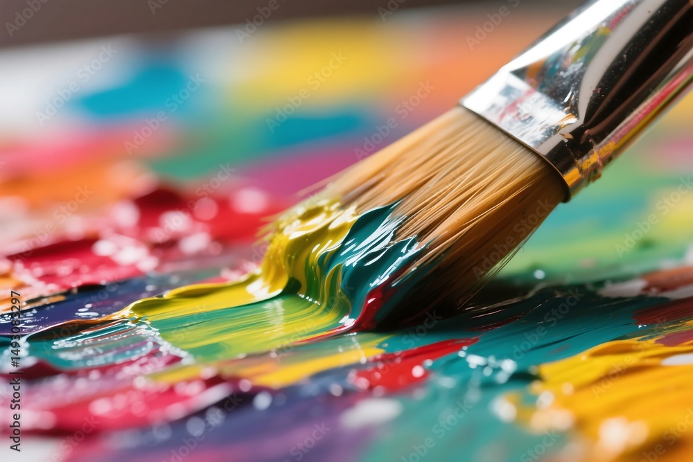 Fototapeta premium Artistic creation brush with colorful oil paints and textured painting surface