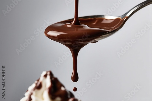 Close up of melted chocolate dripping from a spoon over whipped cream topping