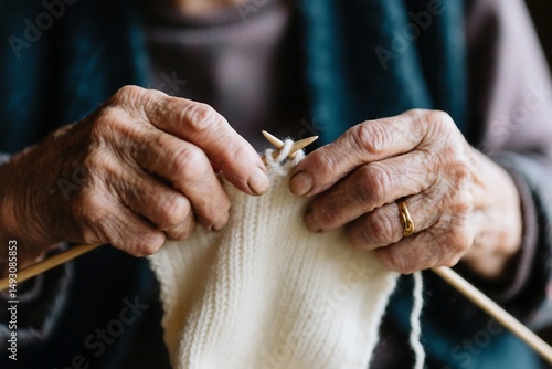 Close-up of elderly hands knitting with wooden needles and cream colored yarn