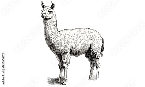 Vintage hand-drawn llama illustration, monochrome animal sketch, retro etching style, rustic decor art, old engraving, trendy wildlife print, nature drawing, farm animal design